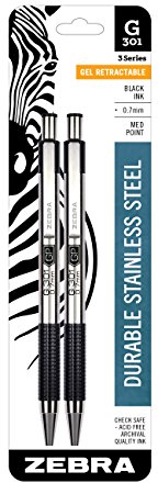 Zebra G-301 Gel Stainless Steel Retractable Pen, 0.7mm, Black, 2 Pack (41312)