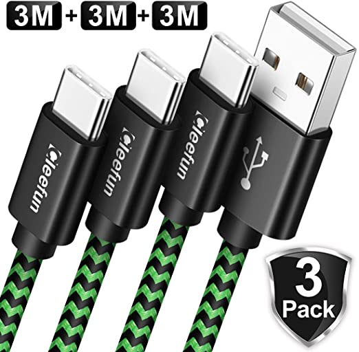 CLEEFUN [3-Pack, 3M Long USB A to USB C Fast Charging Cable, Nylon Braided 3A Type C Charger Lead For Samsung Galaxy S10 S10e S9 S8 S20 Plus S10 Lite, A20e A71 A51 A50 A40, Moto G7 G8   [GreenBlack]