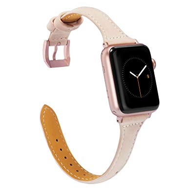 Wearlizer Slim Leather Watch Band 42mm 44mm for iWatch Womens Genuine Thin Leather Sport Straps Wristbands Cute New Bracelet with Rose Gold Metal Buckle Series 4 3 2 1 Edition-Beige