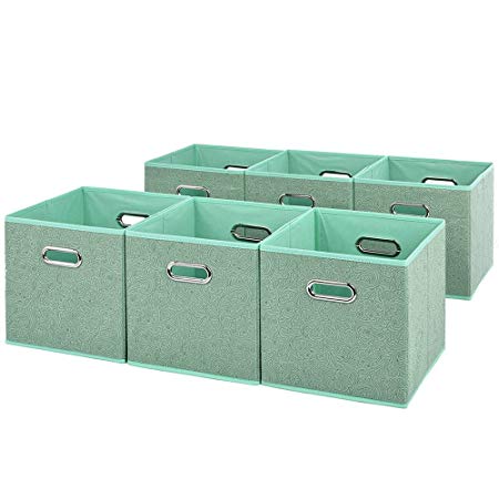 VCCUCINE Foldable 6 Packs Light Green Cloth Fabric Storage Drawers Bins,Collapsible Basket Cube for Home Closet Bedroom Containers Set With Two Mental Handle