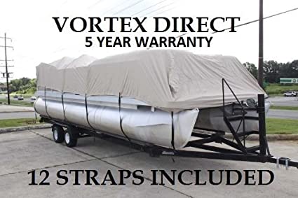 Vortex New Beige 24 FT Ultra 5 Year Canvas Pontoon/Deck Boat Cover, Elastic, Strap System, FITS 22'1" FT to 24' Long Deck Area, UP to 102" Beam (Fast - 1 to 4 Business Day DELIVERY)