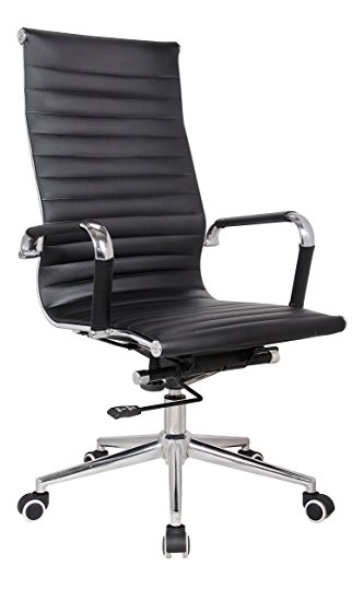 Eames Replica high back office chair BLACK Pleather - stabilizing swivel bar and knee tilt with tensioner knob. (Single High Back, Black) CH2800. IMPROVED STURDY STRUCTURE FOR EXTRA LONG USE