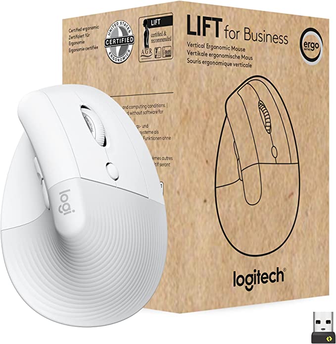 Logitech Lift for Business, Vertical Ergonomic Mouse, Wireless, Bluetooth or Secured Logi Bolt USB, Quiet clicks, Globally Certified, Windows/Mac/Chrome/Linux - Off White,Small