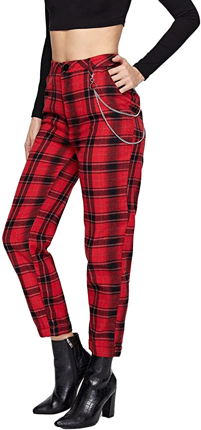 DIDK Women's Tartan Plaid Mid Waist Straight Pants