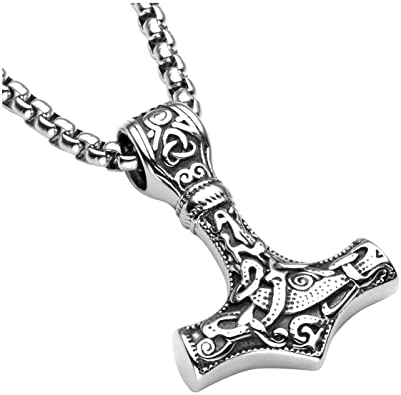 PiercingJ Men's Stainless Steel Thor Hammer Pendant Necklace Thor's Hammer Pendant with 24 Inch Chain Motorbike Biker Silver Black