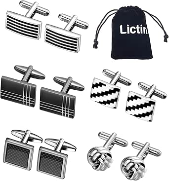 Lictin Men's Cufflinks Cuff Links for Men, 5 Pairs Stainless Steel Classic Tone Cufflinks Black Striped Cuff Links Shirt Suit Cufflinks