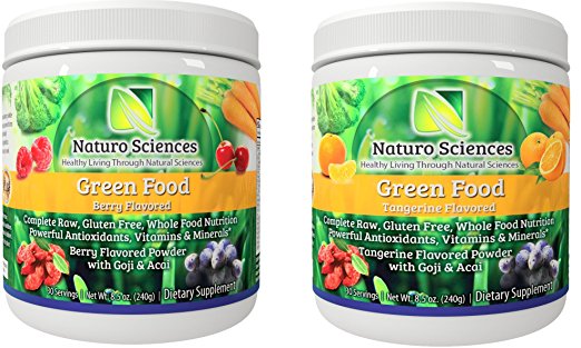 Natural Greens Food By Naturo Sciences - Complete Raw Whole Green Food Nutrition with Super Powerful Antioxidants, Vitamins, Minerals - Two Pack - Two Flavors - Berry and Tangerine - One of each