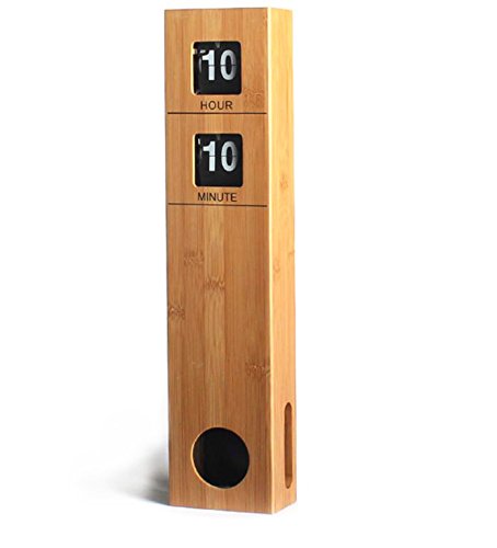 Large 18.9" Pendulum Quiet Wall Auto Flip Down Clock | Bamboo Wood Case | Battery Operated | Modern Retro Decoration