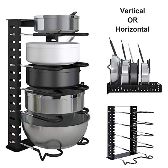 Lifewit Expandable Adjustable Pan Pot Lid Organizer Rack for Kitchen Cabinet Pantry Pan and Pot Organizer Rack Holder, 5-Tier Cookware Holder for Cabinet Worktop Storage (Black Pan Rack)