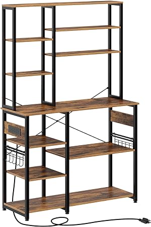 Rolanstar Baker's Rack, 10-Tier Kitchen Utility Storage Shelf with 15 Hooks, Large Kitchen Rack with Power Outlet, Microwave Oven Stand, Stable Coffee Bar, Rustic Brown