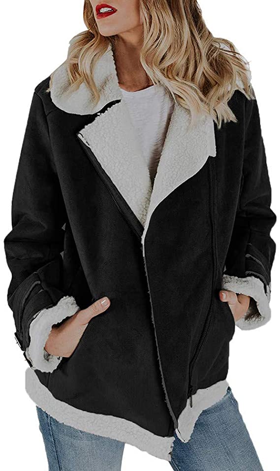 WOCACHI Womens Suede Jackets Coats Fuzzy Fleece Button Cuff Fashion Outerwear