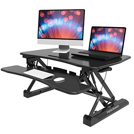 Height Adjustable Standing Desk, Mysuntown Ergonomic Designed Computer Stand up Desks Easy Install and Somooth Motion Workstation Foldable Extender Fits Removable Platform