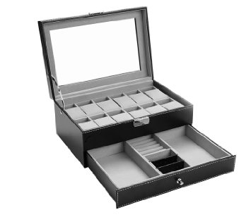 Autoark AW-001 Black Leather 12 Mens Watch Box with Jewelry Display Drawer Lockable Watch Case Organizer