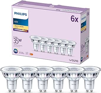 PHILIPS LED Classic Spot Light Bulb 6 Pack [Warm White 2700K - GU10] 35W, Non Dimmable. for Home Indoor Lighting.