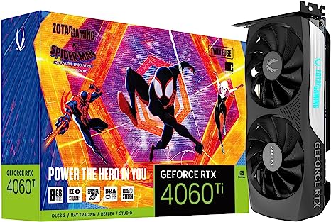 ZOTAC Gaming GeForce RTX 4060 Ti 8GB Twin Edge OC Spider-Man: Across The Spider-Verse Inspired Graphics Card Bundle, ZT-D40610H-10SMP