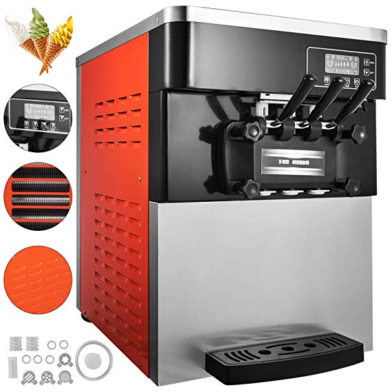 VEVOR Commercial Soft Ice Cream Machine 3 Flavors 5.3-7.4Gallons/H Auto Clean LED Panel Perfect for Restaurants Snack Bar supermarkets, 2200W, Orange/Desktop