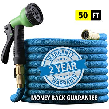 EnerPlex [2019 Hose Model] X-Stream 50 ft Non-Kink Expandable Garden Hose, 10-Pattern Spray Nozzle Included, 3/4” Brass Fittings with Shutoff Valve, Best 50' Foot Garden Hose - 2 Year Warranty - Blue