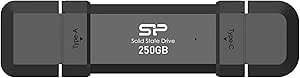 Silicon Power 250GB DS72 Portable USB 3.2 Gen 2 Type-C/Type-A SSD Solid State Drive Stick (Black)