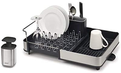 Joseph Joseph Stainless-Steel Extendable Dual Part Dish Rack Non-Scratch and Movable Cutlery Drainer and Drainage Spout (2-Piece Sink Organization Set)