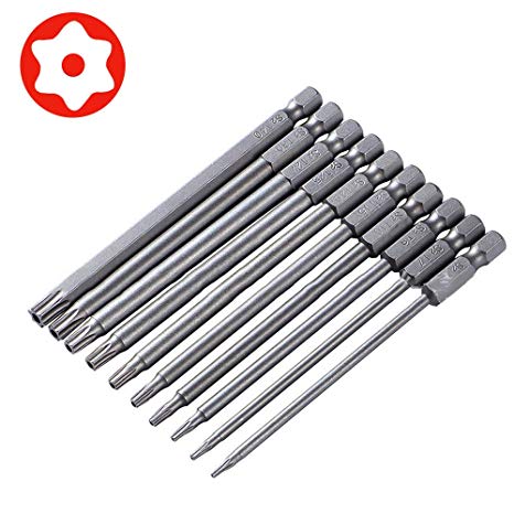 Hymnorq T5 - T40 Security Torx Bit Set of 10pcs - for Torx (6 Lobe with Pin) Star Drive Security Screws - S2 Steel, 1/4 Inch Hex Shank and 100mm Long - Fit All Standard Bit Holders Air and Power Tools