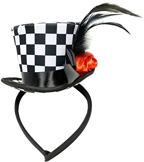 Checkered Mini Top Hat Headband with Feathers & Flower