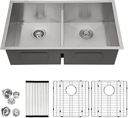 33 Double Bowl Kitchen Sink Undermount - Lordear 33 Inch Undermount Kitchen Sink Low Divide Double Bowl 50/50 16 Gauge Stainless Steel Kitchen Sink Basin