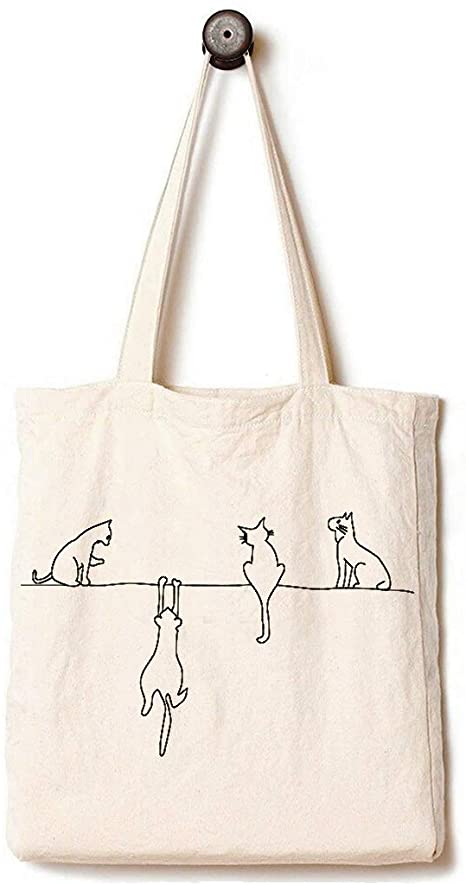 Andes Heavy Duty Reusable Canvas Tote Bag, Handmade from 12-ounce 100% Cotton, Perfect for Shopping, Laptop, School Books, Four Cats White