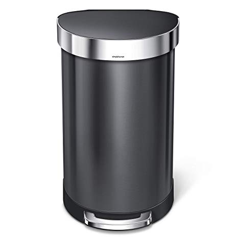 simplehuman 45 Liter / 12 Gallon Semi-Round Step Liner Rim, Black Stainless Steel Kitchen Trash Can 45 L (12 Gal),