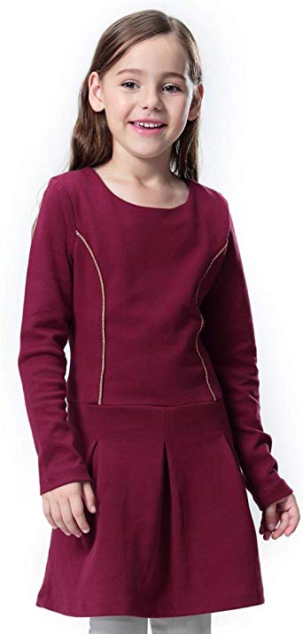 Girls' Long Sleeve Solid Color Cotton Dress with Lace Stitching for Kids 3-14 Years Casual Swing Tunic Dresses