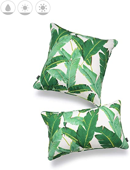 Hofdeco Tropical Indoor Outdoor Indoor Outdoor Pillow Cover ONLY, Water Resistant for Patio Lounge Sofa, Green Banana Leaf , 18"x18" 12"x20", Set of 2