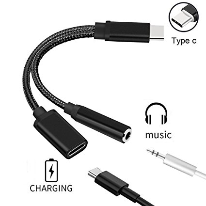 Nylon Braided 2 in 1 USB C Type C to 3.5mm Headphone Audio Aux Jack & Charge Adapter Cable Converter for Motorola Moto Z, Letv Le Pro 3 and Other Mobile Phone That Without 3.5mm Audio Jack