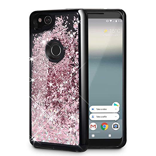 Caka Google Pixel 2 Case, Google Pixel 2 Glitter Case [Starry Night Series] Luxury Fashion Bling Flowing Liquid Floating Sparkle Glitter Girly Soft TPU Black Case for Google Pixel 2 - (Rose Gold)