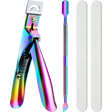 Nail Clipper for Acrylic Nails Nail Cutters Trimmer with Cuticle Pusher Spoon Nail Cleaner and 2 Pieces Nail Files Manicure Tools for Artificial Nail (Black)(Rainbow)