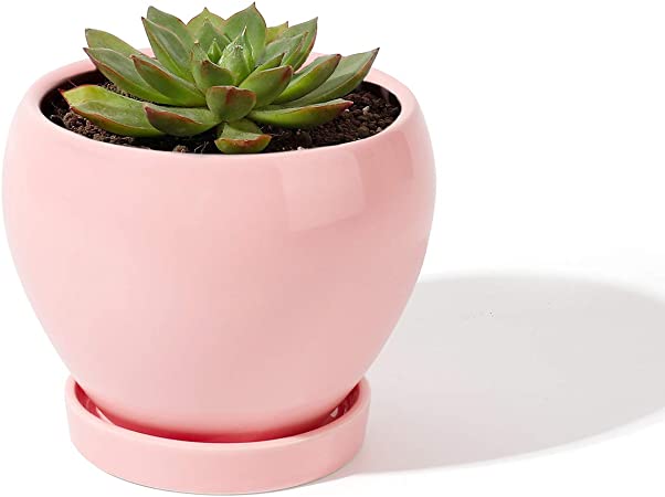 POTEY 050603 Ceramic Plant Pot Planter - 4.8 Inches Pink Planter for Indoor Plants Flower Succulent with Drainage Hole & Saucer