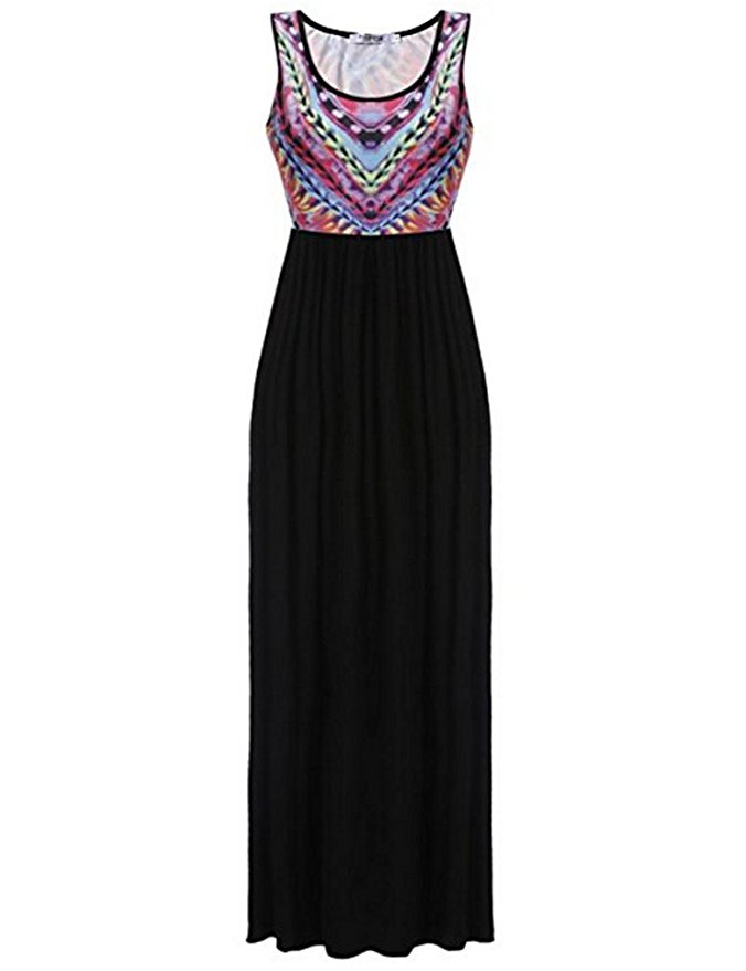 JQstar Women's Summer Bohemian Floral Print Sleeveless Long Maxi Dress