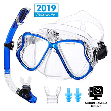 OUTERDO Snorkel Set,Diving Mask and Dry Snorkel Diving Goggles with Camera Mount,Wide View Anti-Fog Anti-Leak Easy Breathing and Professional Snorkeling Gear for Adults Earplug Mouthpieces