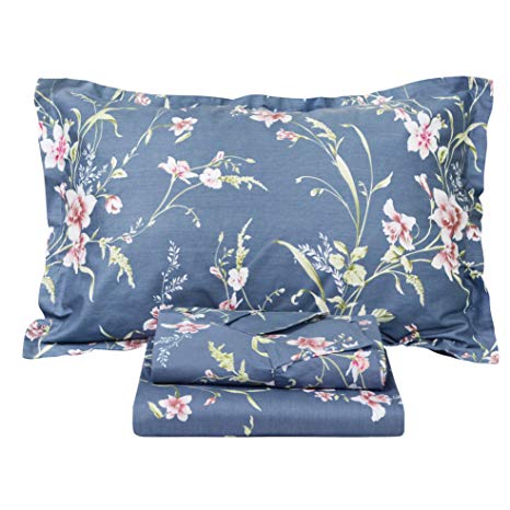 FADFAY Vintage Floral Bed Sheet Set Shabby Dusty Navy Blue Cotton Deep Pocket Sheets 4-Piece Twin Size