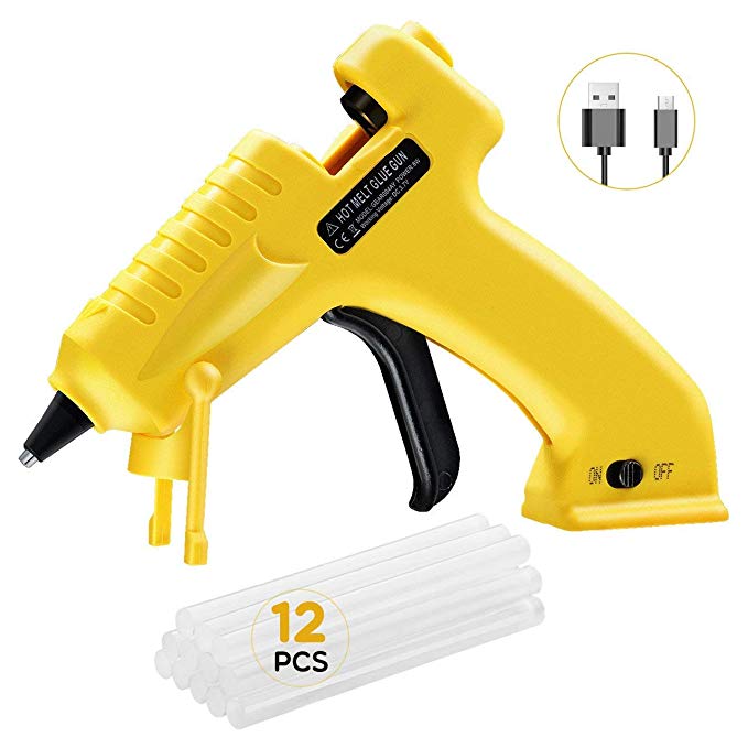 Cordless Mini Glue Gun, TopElek Hot Glue Gun with 12 Glue Sticks, On-Off Switch and Integrated 3.6 V Lithium-Ion Battery for DIY Arts, Craft, Home, School, Office Repair(Yellow)