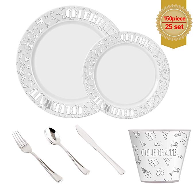 150pcs Confetti Celebrate Silver Plastic Tableware Set- 25 Dinner Plates, 25 Salad or Dessert Plates & 25 Polished Silver Forks Knives & Spoons & 9oz cups