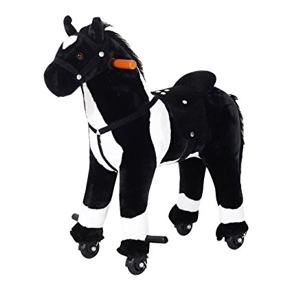 Qaba Kids Plush Ride On Toy Walking Horse with Wheels and Realistic Sounds - Black