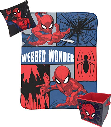 Jay Franco Marvel Spiderman Webbed Wonder Kids 3 Piece Plush Throw, Pillow & Collapsible Storage Box Set (Official Marvel Product)