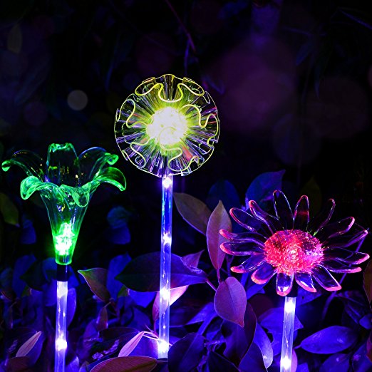 Outdoor Solar Garden Lights - 3 Pack Solar Powered Garden Stake Lights with a Purple LED Light Stake, Multi-color Changing LED Solar Stake Lights for Garden,Patio,Backyard (Dandelion,Lily,Sunflower)