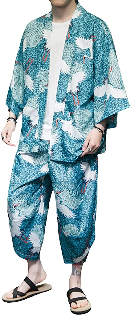 PRIJOUHE Men's Japanese Style Kimono Tops Pants Sets Lightweight Casual Seven Sleeves Open Front Cardigan & Shorts