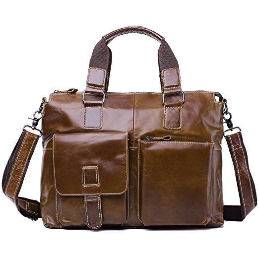 Harrms Genuine Brown Leather Shouler Briefcase,Laptop Bags For Men 100% Italian Cowhide