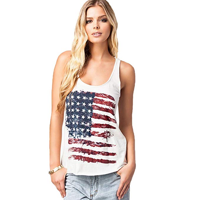 REINDEAR Fashion Women Patriotic American Flag Print Lace Camisole Tank Top US Seller