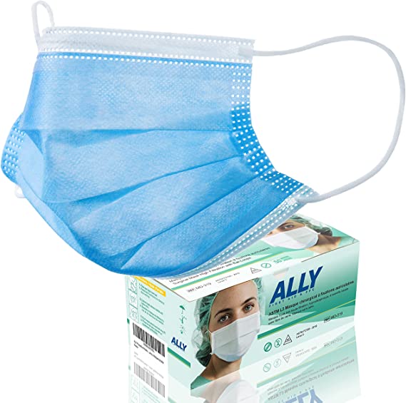 ALLY Procedure Masks with Ear-Loops (50pcs) ASTM Level 3 Surgical Masks, Medical Masks, Disposable Face Masks, Masque Chirurgical à Fixations Auriculaires, Masques Jetable, Masque Medical