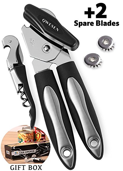 Can Opener Manual by QWESEN with 2 Spare Blades & Corkscrew | Professional Heavy Duty Stainless Steel - Ergonomic Anti Slip Design - Big Knob For Easy Turn - Ultra Sharp Blades - Ideal For Arthritis