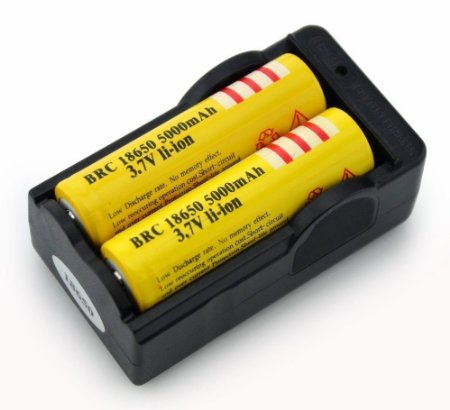 Mini Butterball 2pcs 18650 5000mAh 3.7V Li-ion Rechargeable Yellow Batteries with 1pc Charger Combo for LED Flashlight Headlight Headlamp Search Light Lamp Bike Light Etc