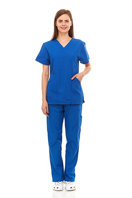 Scrubs For Women Medical Nurses Uniform Mock Wrap Top & Bottom Pants 6 Pocket Full Set Excellent Quality By Denice 1107
