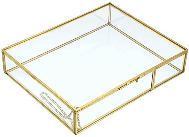 Hipiwe Gold Glass Photo Box - Large Vintage Photo Storage Organizer Box Trinket Box Jewelry Display Organizer Keepsake Box Case Home Decor